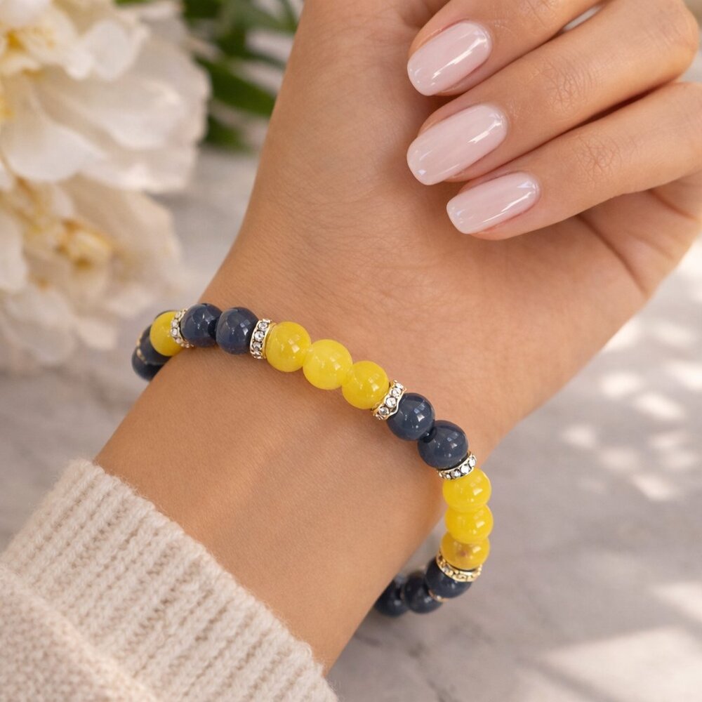 Charming Yellow and Black Handmade Beaded Stretch Bracelet with Rhinestones